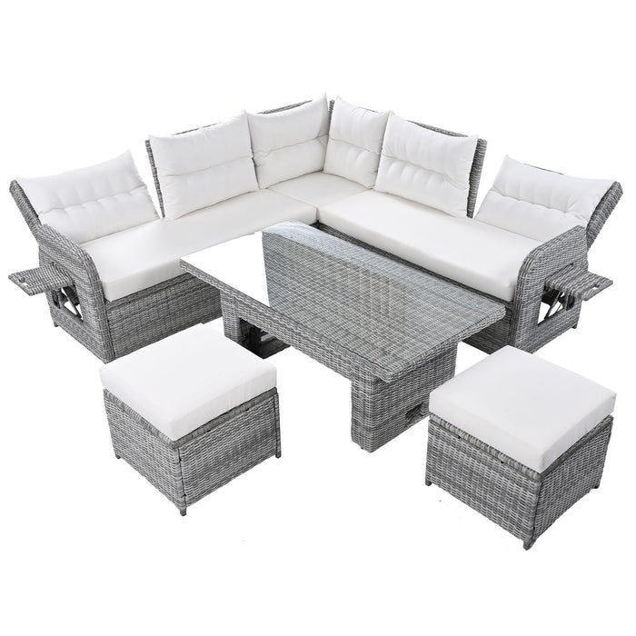 Outdoor Furniture Set Patio Rattan Furniture Set With Adjustable Table, Recliners With Extendable Side Tables And 2 Ottomans