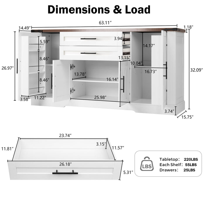 Barn Door Storage Cabinet With 2 Drawers & Door Rack, Adjustable Shelves
