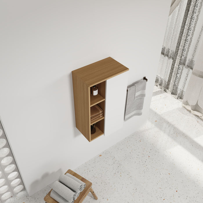 Wall Mounted Bathroom Side Cabinet, Single Door With 3 Tier Open Shelves - Black / Light Oak / White