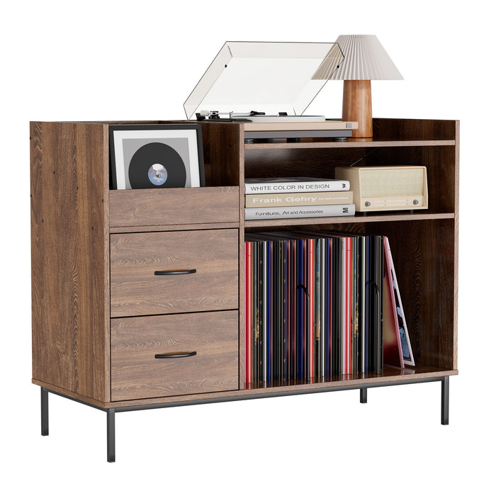 Eco-Friendly Vinyl Record Player Stand With Flip-Top Storage, Media Console With Dual Outlets And Dustproof Drawers