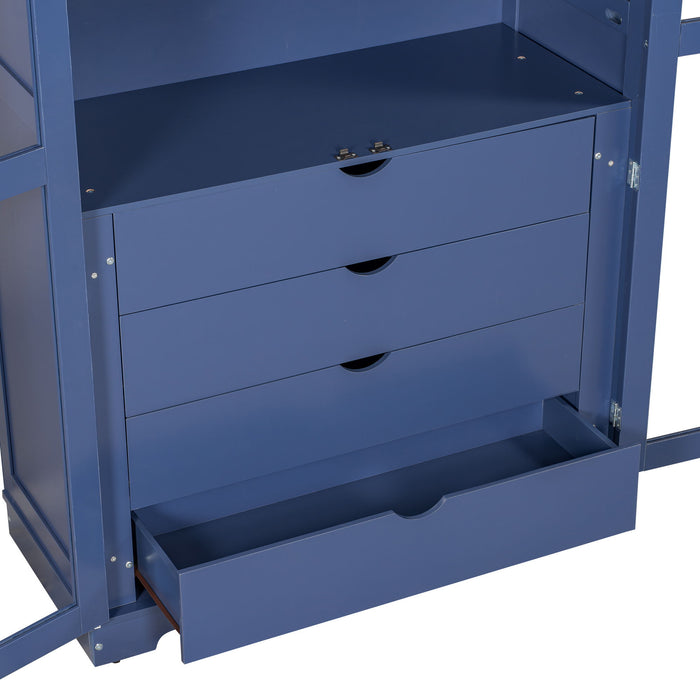Kitchen Pantry, Freestanding Kitchen Storage Cabinet Display Cabinet With Glass Doors And 4 Built In Drawers For Living Room, Home Office - Blue