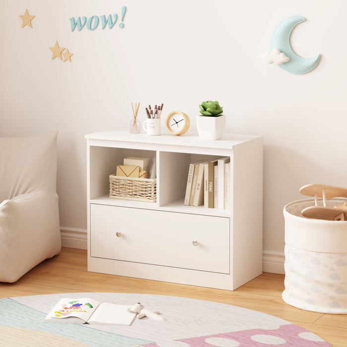 Toy Storage Organizer With Large Drawer And Low Bookshelf For Nursery & Playroom - White
