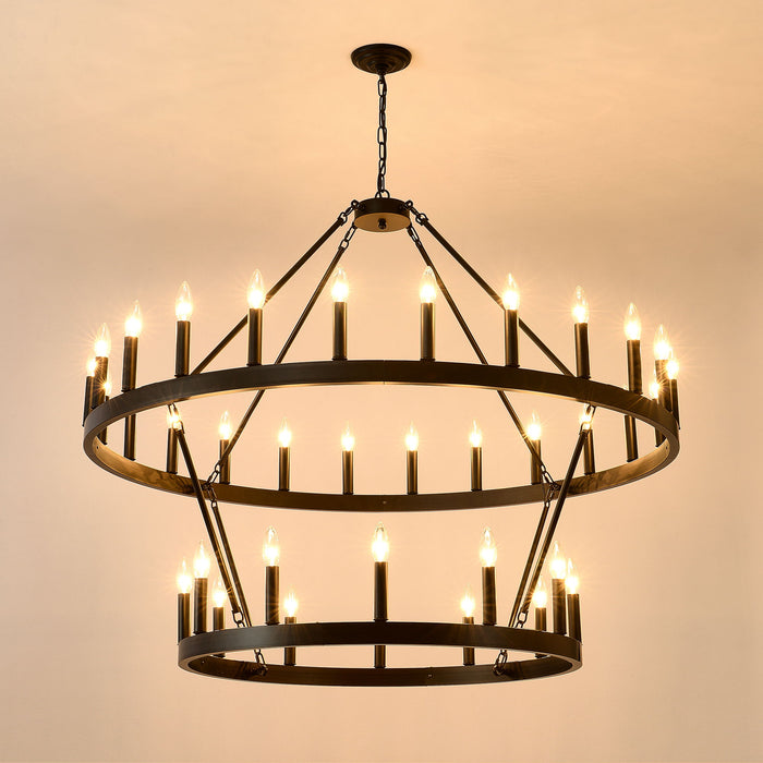 2 Tiers Wagon Wheel Chandelier Wooden Farmhouse 36 Light (24 / 12) Or (12 / 24) Metal Chandeliers 2 Story Light Fixtures Industrial For High Ceiling Living Dining Room Foyer, Adjustable Height - Black
