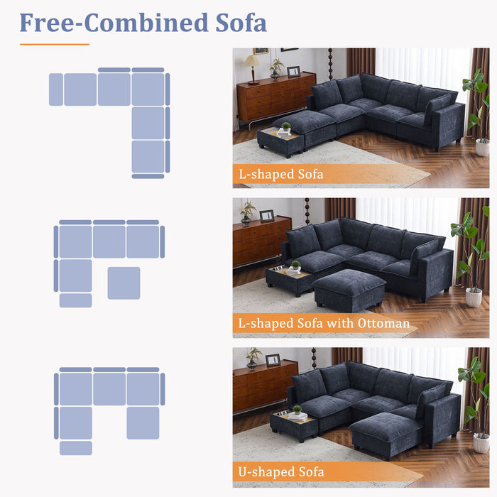 U-Shaped Sectional Modular Sofa With A Movable Ottoman, A Coffee Table With Hidden Charging Devices For Living Room
