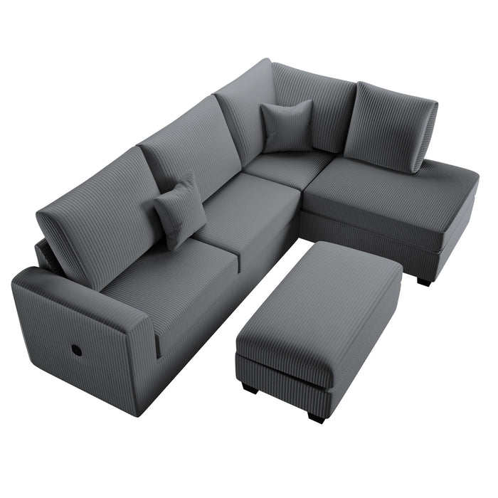 Modern Style Sectional Set With USB Port, Storage Ottoman