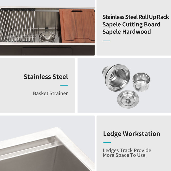 Undermount Workstation Kitchen Sink Stainless Steel Single Bowl