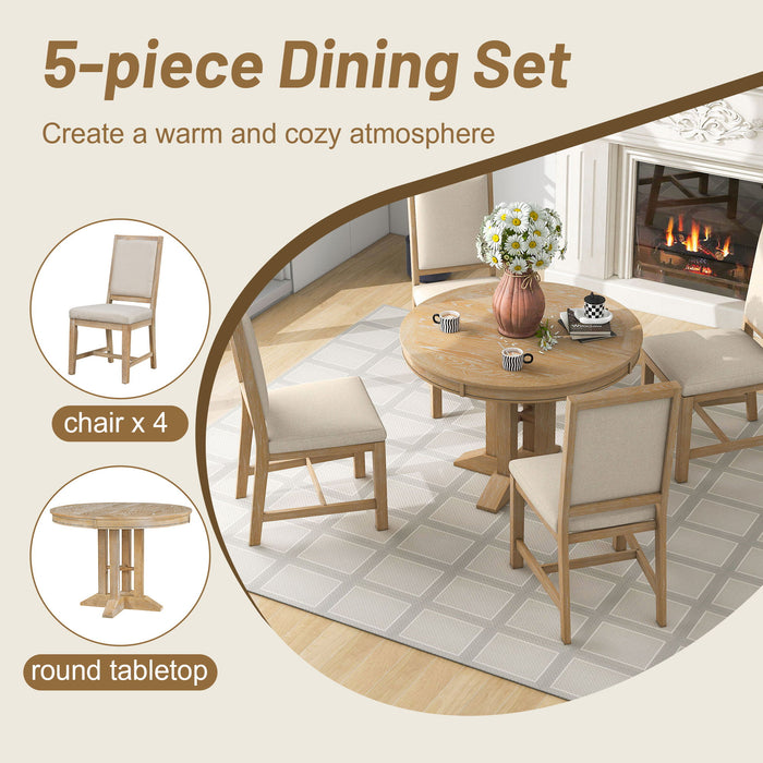 Dining Set & Extendable Round Table And 4 Upholstered Chairs