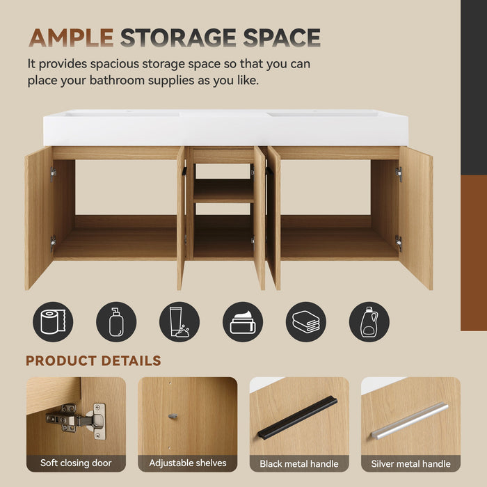 Floating Double Sink Bathroom Vanity With Extra Large Storage, Integrated Sink, Soft Close Doors, Wall Mounted Bath Vanity - Glossy White / Light Oak