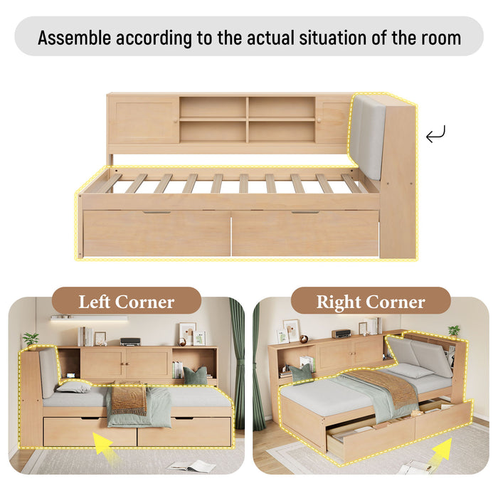 Twin L - Shaped Daybed With Storage Bookcase, Upholstered Headboard, USB Charging Ports & Hidden Drawers - Natural
