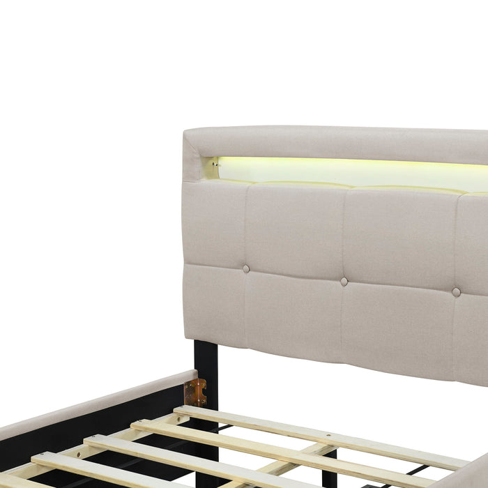 Upholstered Platform Bed With LED Frame, With Trundle And 2 Drawers