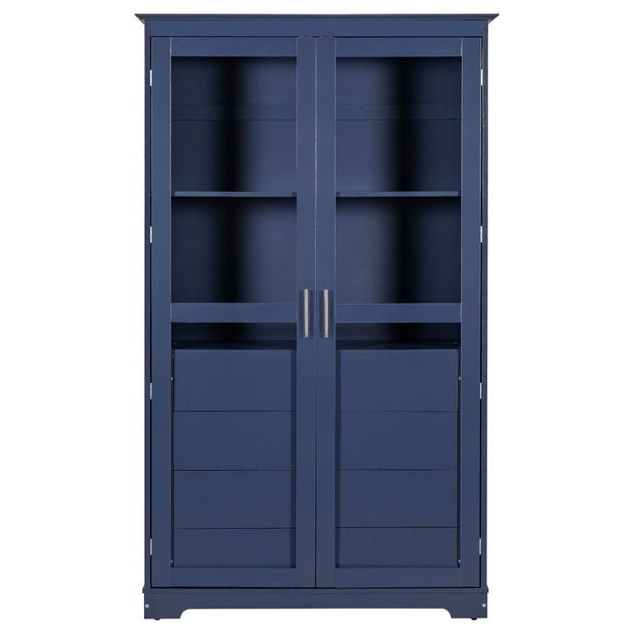 Kitchen Pantry, Freestanding Kitchen Storage Cabinet Display Cabinet With Glass Doors And 4 Built In Drawers For Living Room, Home Office - Blue