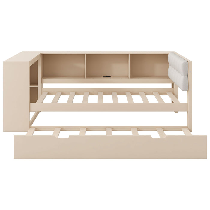 Upholstered Headboard Platform Bed With Storage Shelves, Trundle, Charging Station