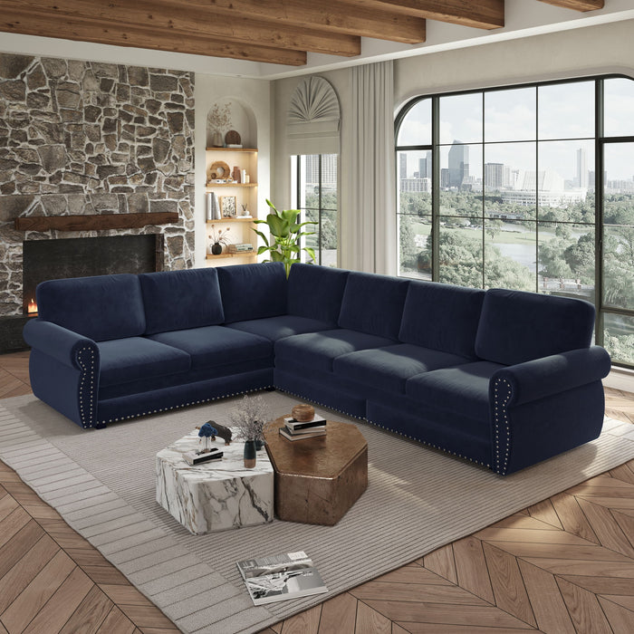 L-Shaped Sofa Couch With Pull Out Bed With Nailhead Trim & Rolled Arm