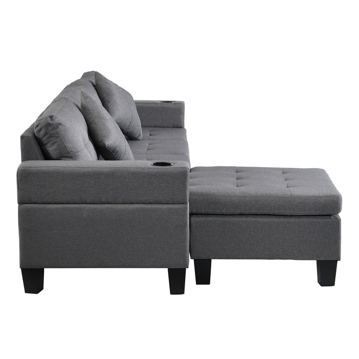 Modern Sectional Sofa Set With L Shape Chaise Lounge, Cup Holder, 4 Seat - Gray