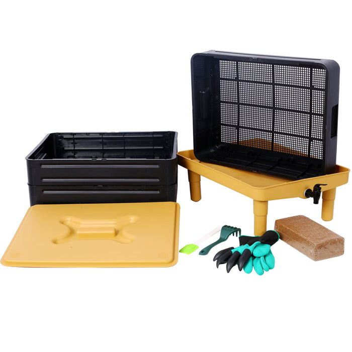 Durable 3 Tray Worm Farm Kit For Efficient Vermicomposting, 65L Capacity - Yellow / Black