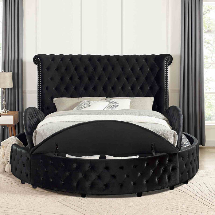 Glam Button Tufted Wingback Round Bed With Storage And USB Ports
