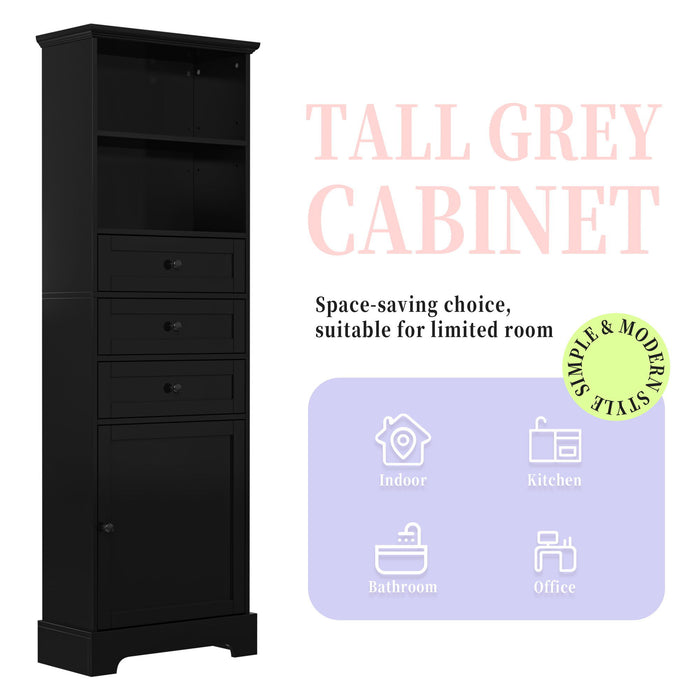 Tall Storage Cabinet With 3 Drawers And Adjustable Shelves For Bathroom
