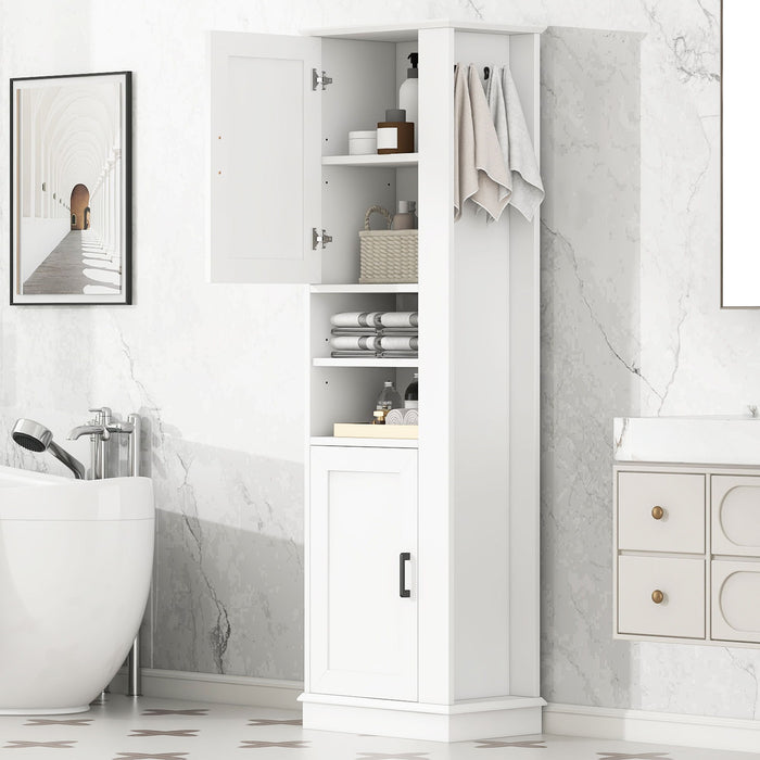 Tall Freestanding Bathroom Storage Cabinet With Adjustable Shelves And Side Hooks Board, Rectangle Design