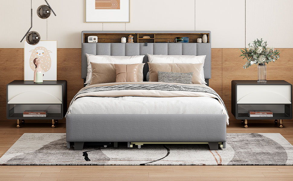 Upholstered Platform Bed With Storage Headboard, Trundle & 2 Drawers And A Set Of Sockets & USB Ports