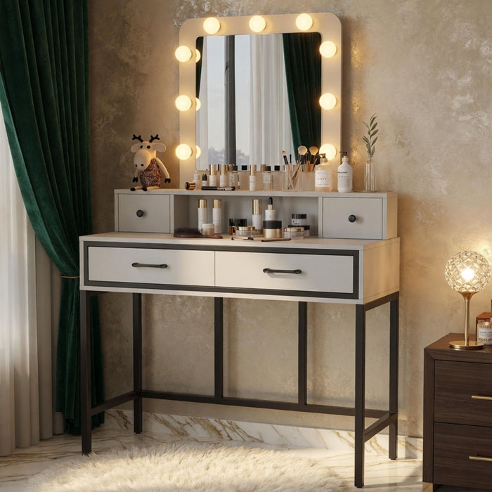 Vanity Desk With 3 Color Lighted Mirror And 4 Drawers