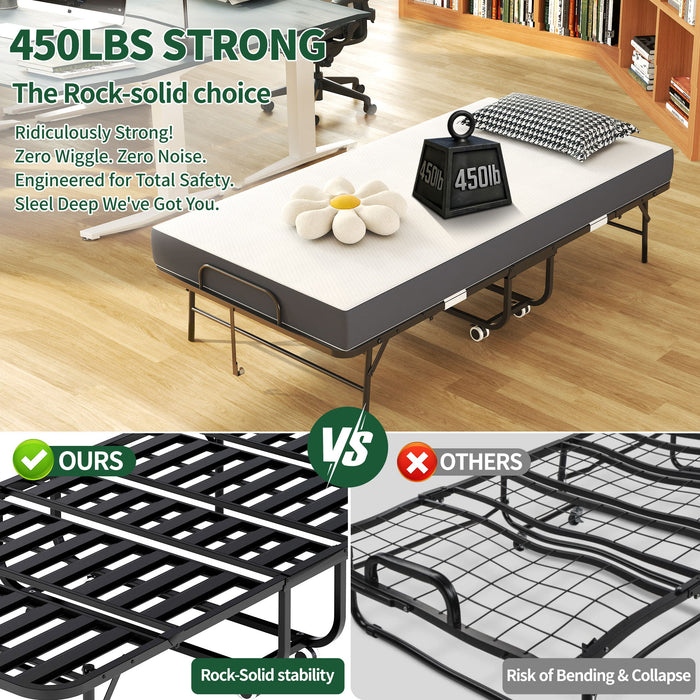 Twin Extra Long Folding Bed For Tall People, Heavy-Duty Rollaway Guest With Memory Foam Mattress - Black