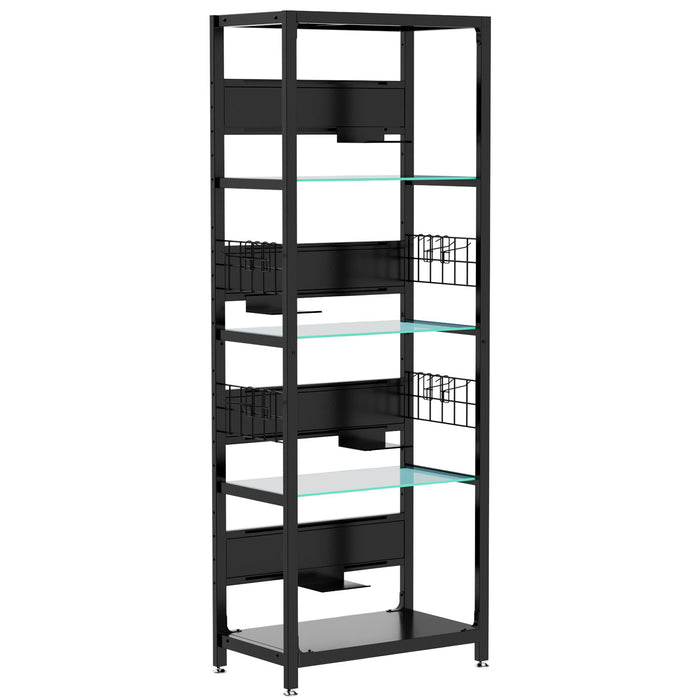 4 Tier Display Shelf With RGB Lights, LED Lighted Curio Cabinet With Adjustable Storage Box & Hooks - Black