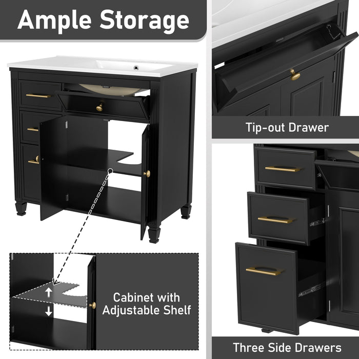 Modern Bathroom Vanity With Ceramic Sink, Freestanding, One Tip Out Drawer, 3 Side Drawers, Adjustable Shelf