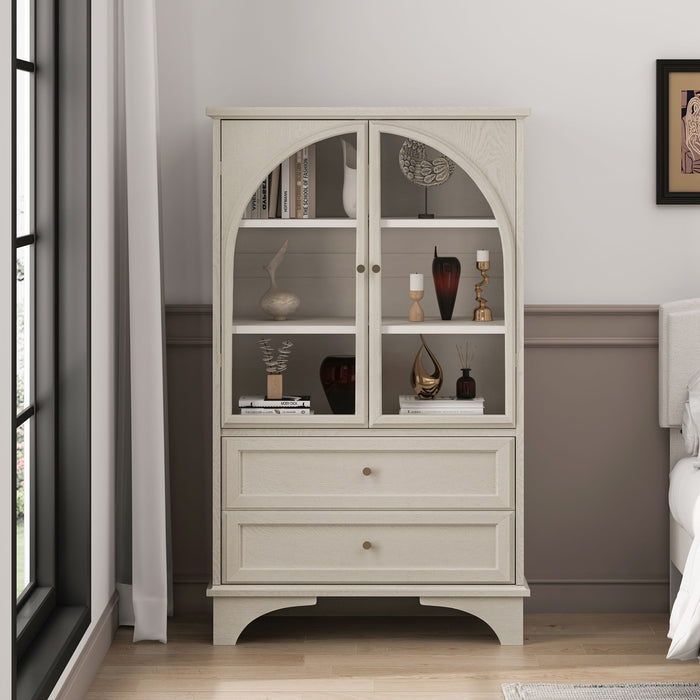 Glass Door Display Case With 2 Drawers And Adjustable Shelf