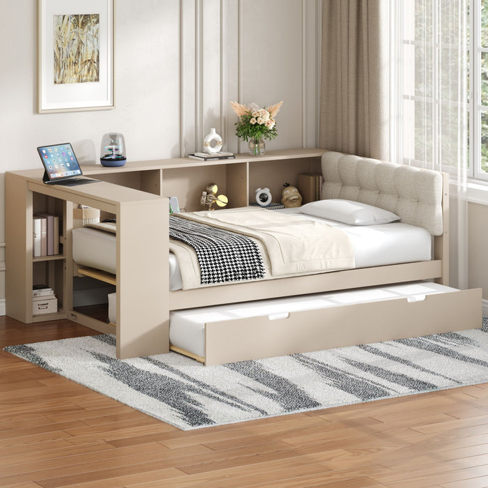 Upholstered Headboard Platform Bed With Storage Shelves, Trundle, Charging Station