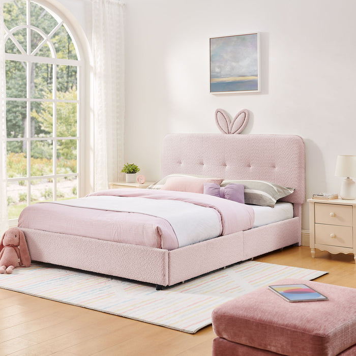Upholstered Bed With Oversized Rabbit Ear Headboard, LED Lights & 4 Storage Drawers