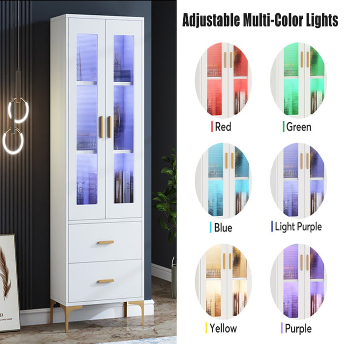 Bookcase With Doors, Drawers & RGB LED Light Tall Storage Cabinet For Living Room - White