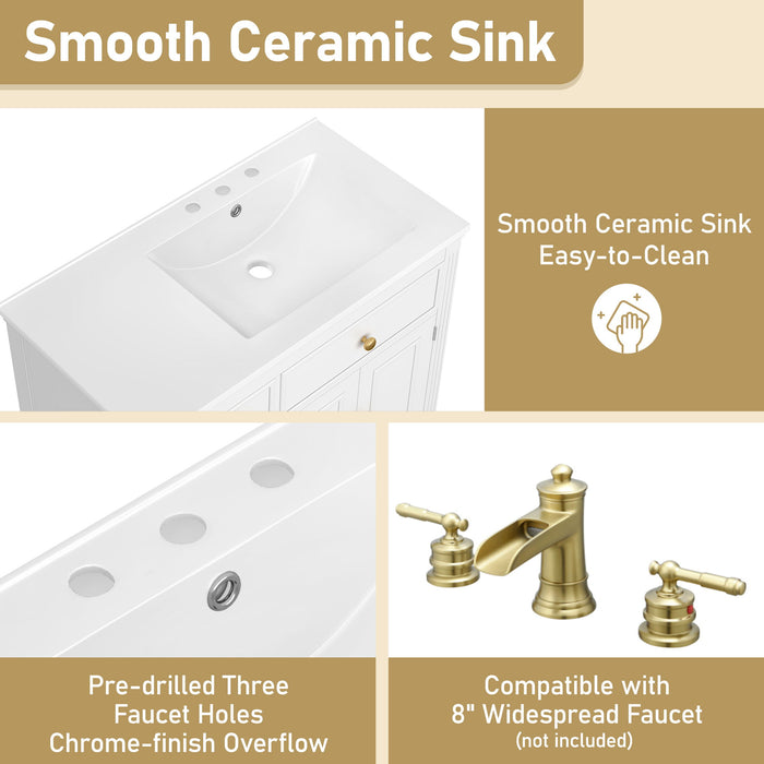 Modern Bathroom Vanity With Ceramic Sink, Freestanding, One Tip Out Drawer, 3 Side Drawers, Adjustable Shelf