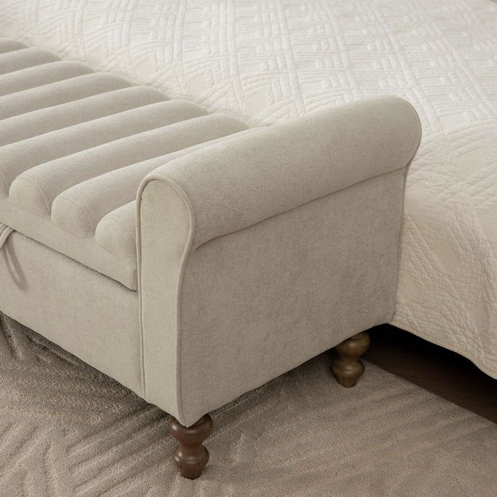 Wide Upholstered Storage Bench With Rolled Armrest For Bedroom - Griege