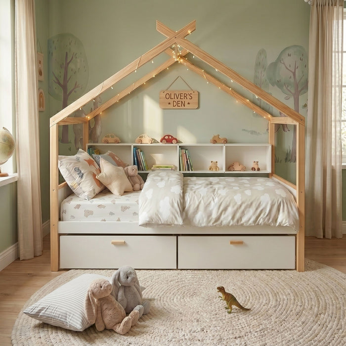 House Bed With Bookshelf Storage