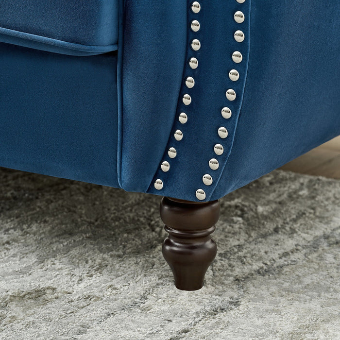 Mid Century Chesterfield Velvet Fabric Sofa With Roll Armrest & Nailhead, Blue, 87 Inches
