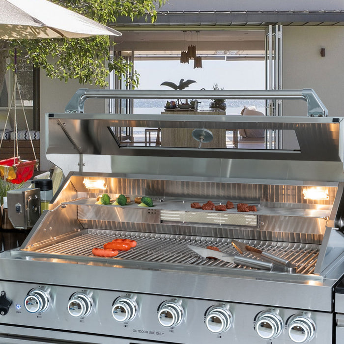 6 Burner 85, 000 Btu Deluxe Gas Outdoor Kitchen Island Grill With Wine Cooler Refrigerator, Rotisserie, Storage Cabinets & Drawers - Silver