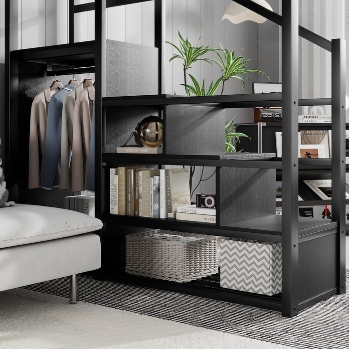 Queen Size Loft Bed With Stairs, Storage Shelves, Wardrobe - Black