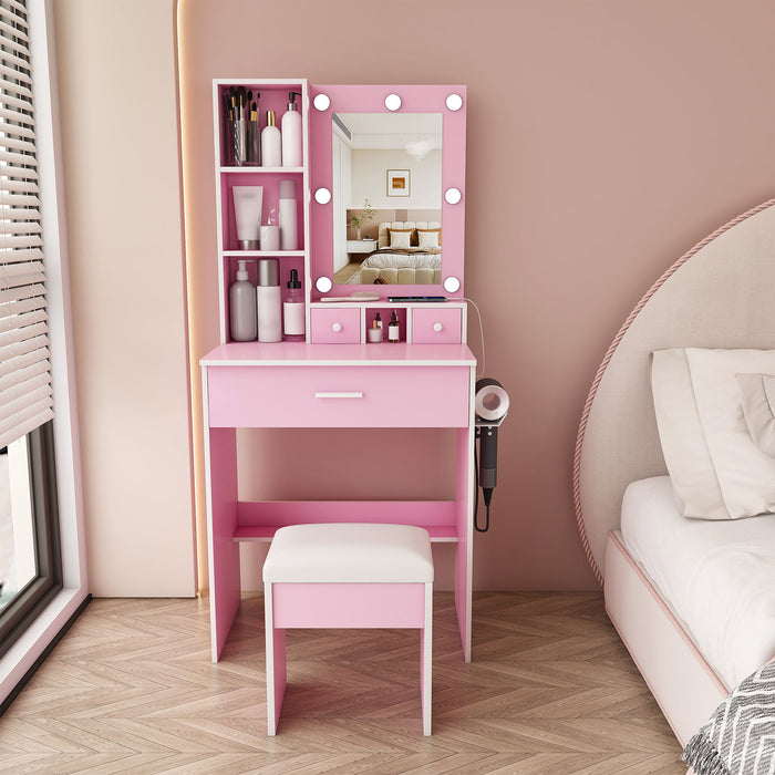 Vanity Table With Mirror, Adjustable LED Lights, Power Outlet, Hairdryer Holder & Stool