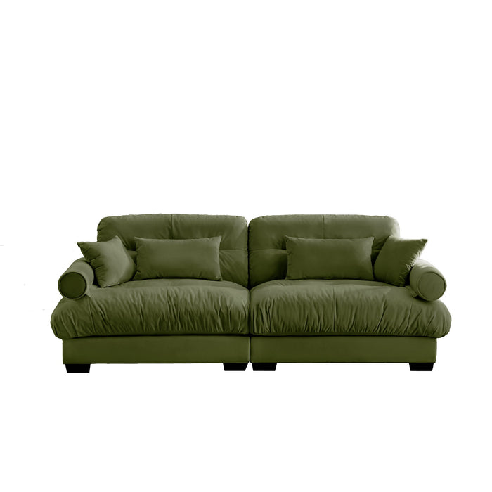 Modern Velvet Sofa With Bolstered Armrests And Pillows