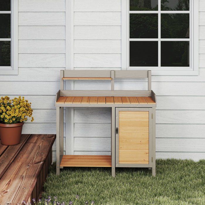 Outdoor Potting - Bench, Workstation Table With Cabinet For Backyard Garden Supplies - Brown / Gray