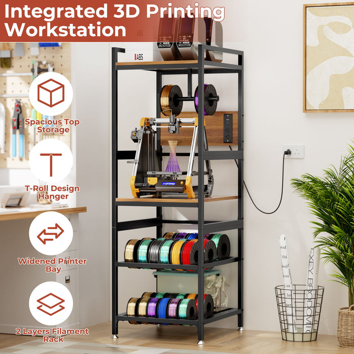 3D Printer Stand With Filament Storage, T-Type Holder, Built In Power Panelб Open Frame Printer Workstation - Black