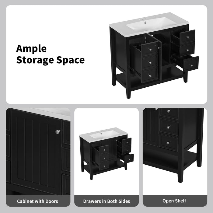 36" Bathroom Vanity Base With 2 Cabinet And 3 Drawers - Black