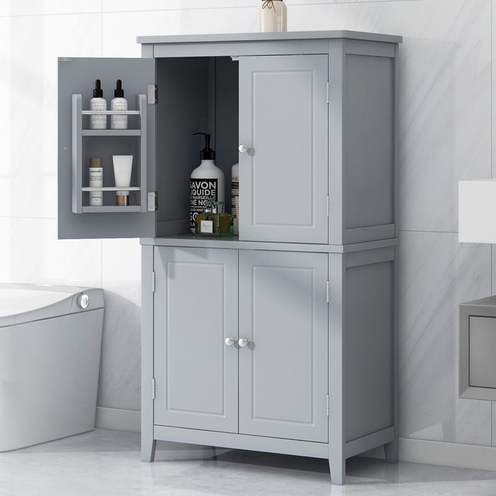 Elegant Bathroom Floor Storage Cabinet With 4 Doors, Adjustable Shelves