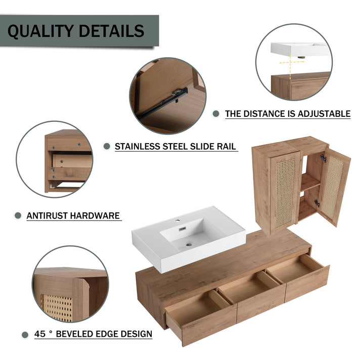 Modern Wall Mounted Bathroom Vanity With Resin Sink And 2 Side Cabinet, Imitative, Construction - Imitative Oak