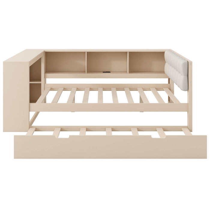 Upholstered Headboard Platform Bed With Storage Shelves, Trundle, Charging Station