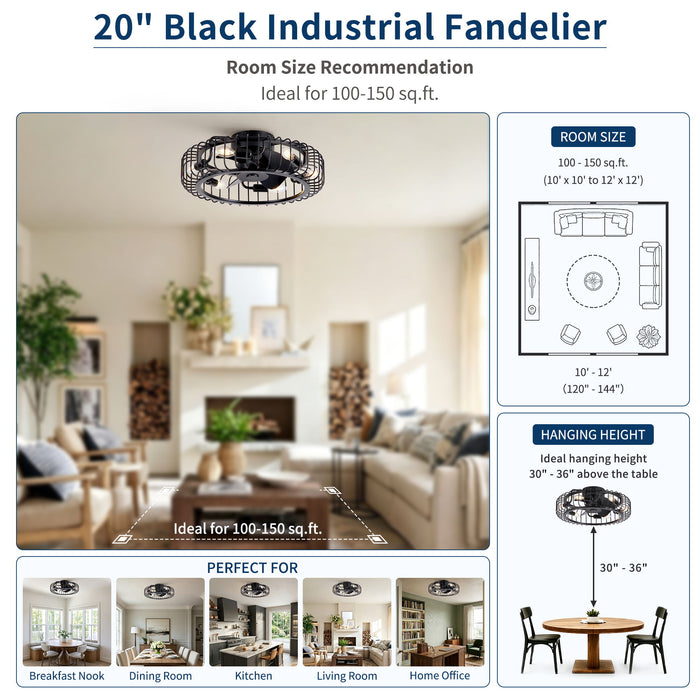 Flush Mount Ceiling Fan With Lights, Low Profile Fandelier With E12 Sockets, Reversible DC Motor, 6 Speeds - Black