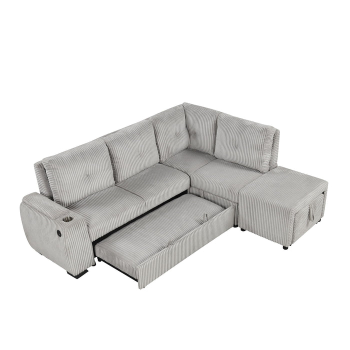Pull-Out L-Shaped Sectional Sofa With Movable Ottoman And Stool, Large Storage Space, A Cup Holder, And 2 USB Ports For Living Room