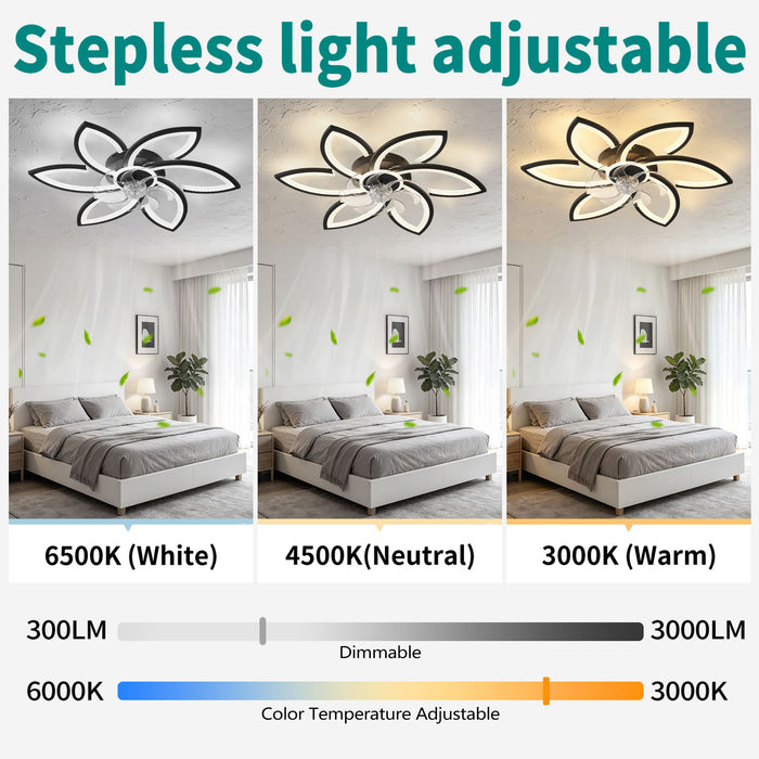 30" Flower 6 Speed Ceiling Fan With Remote Controlled LED Lights, Low Profile Flush Mount Fan