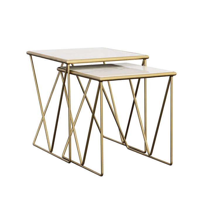 Sinclair - 2 Piece Nesting Table Set With Iron And Luxurious Marble Surface - White / Gold