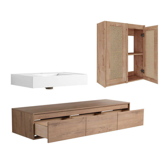 Modern Wall Mounted Bathroom Vanity With Resin Sink And 2 Side Cabinet, Imitative, Construction - Imitative Oak